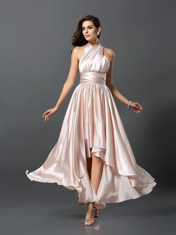 Sheath/Column Sleeveless High Low Silk like Satin Convertible Bridesmaid Dresses Prom Dress
