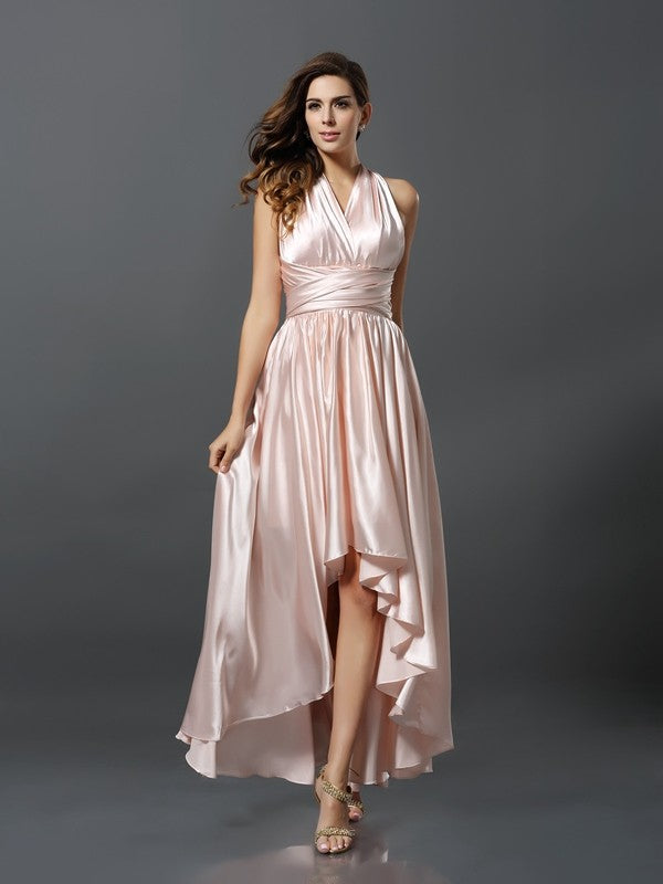 Sheath/Column Sleeveless High Low Silk like Satin Convertible Bridesmaid Dresses Prom Dress
