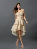 Vestido de dama de honor de gasa, corte A/princesa, escote corazón, flores hechas a mano, sin mangas, corte alto bajo, para invitada de boda