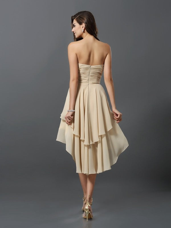 A-Line/Princess Sweetheart Hand-Made Flower Sleeveless High Low Chiffon Bridesmaid Dresses Prom Dress