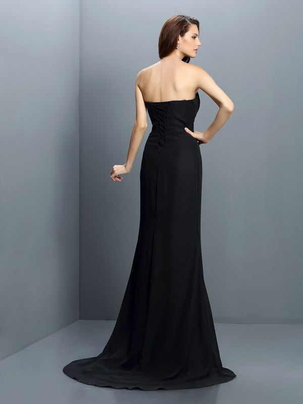 Trumpet/Mermaid Strapless Pleats Sleeveless Long Chiffon Bridesmaid Dresses Wedding Guest Dress