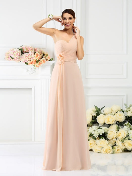 A-Linie/Princess-Linie One-Shoulder-Träger Falten Ärmellos Lang Chiffon Brautjungfernkleider Abendkleid