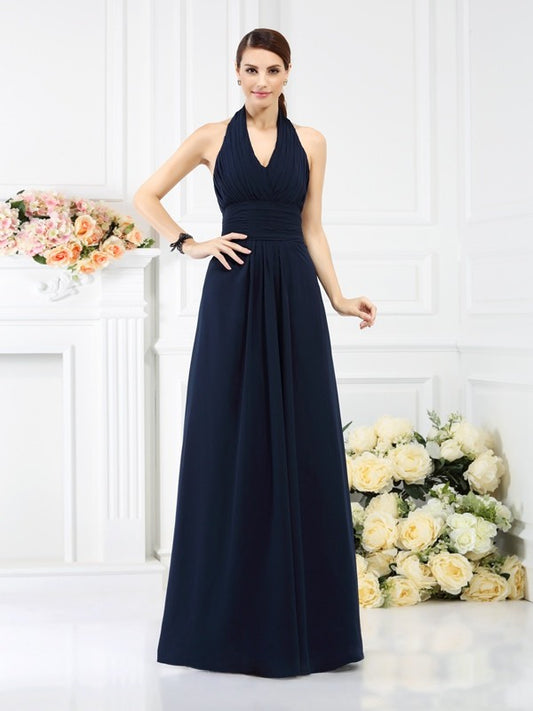 A-Line/Princess Halter Pleats Sleeveless Long Chiffon Bridesmaid Dresses Evening Prom Dress