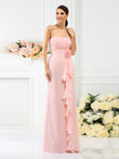 Sheath/Column Strapless Hand-Made Flower Sleeveless Long Chiffon Bridesmaid Dresses Evening Prom Dress