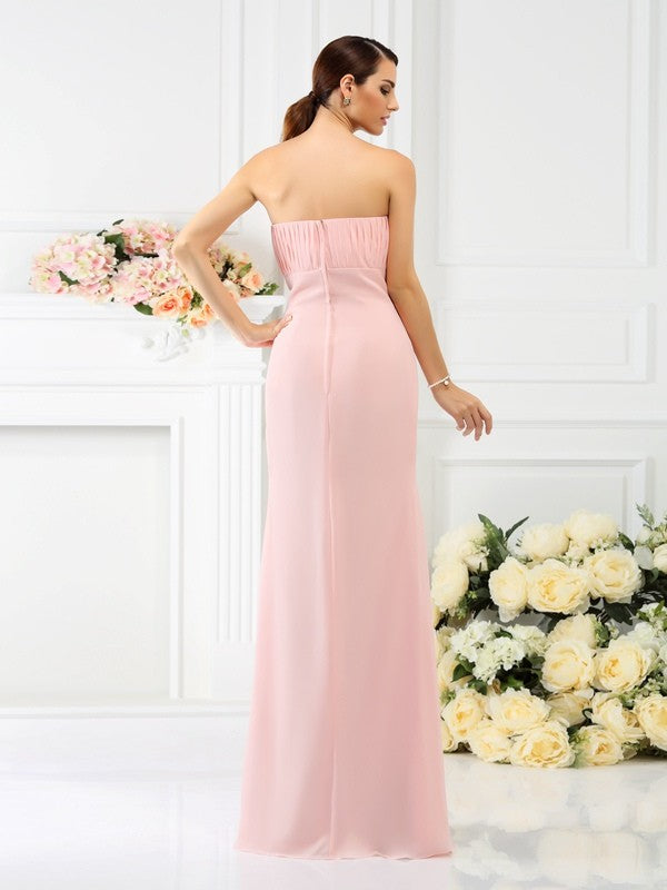 Sheath/Column Strapless Hand-Made Flower Sleeveless Long Chiffon Bridesmaid Dresses Evening Prom Dress