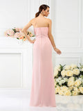Sheath/Column Strapless Hand-Made Flower Sleeveless Long Chiffon Bridesmaid Dresses Evening Prom Dress