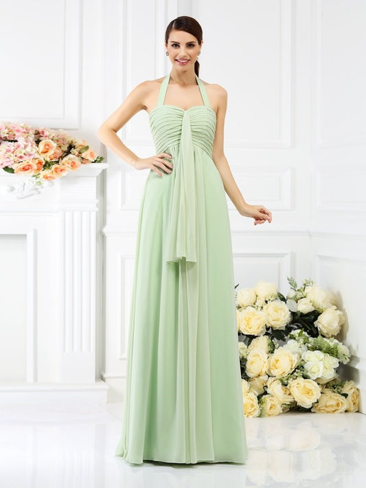 A-Line/Princess Halter Pleats Sleeveless Long Chiffon Bridesmaid Dresses Evening Prom Dress