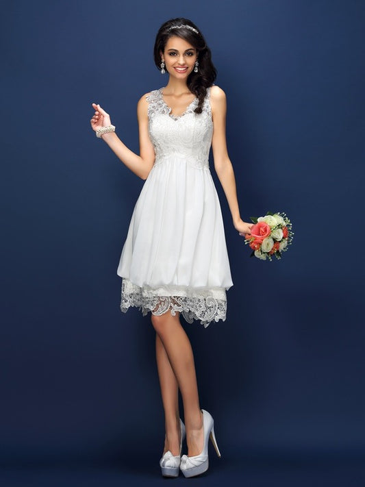 A-Linie/Princess-Linie V-Ausschnitt Spitze Ärmellos Kurz Brautjungfernkleider Homecoming-Kleid