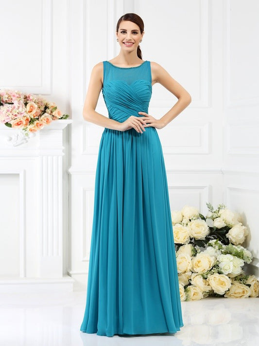 A-Linie/Princess-Linie Bateau-Ausschnitt Falten Ärmellos Lange Chiffon Brautjungfernkleider Abendkleid