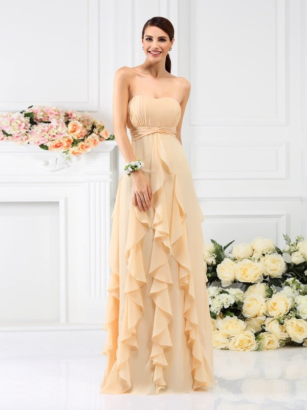 A-Line/Princess Strapless Pleats Sleeveless Long Chiffon Bridesmaid Dresses Evening Prom Dress