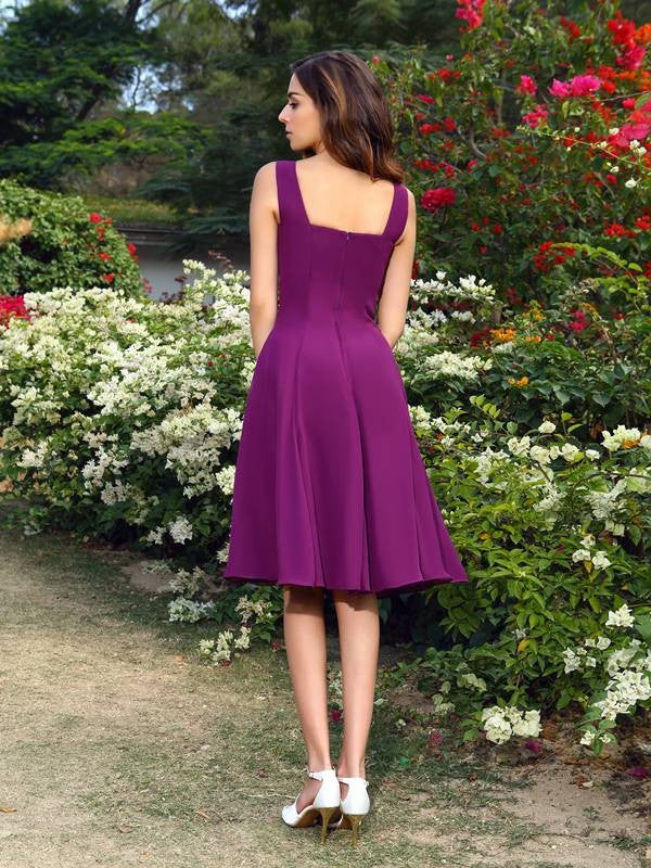 Vestido de dama de honor corto de gasa sin mangas con corte A/princesa cuadrado para invitada de boda y fiesta