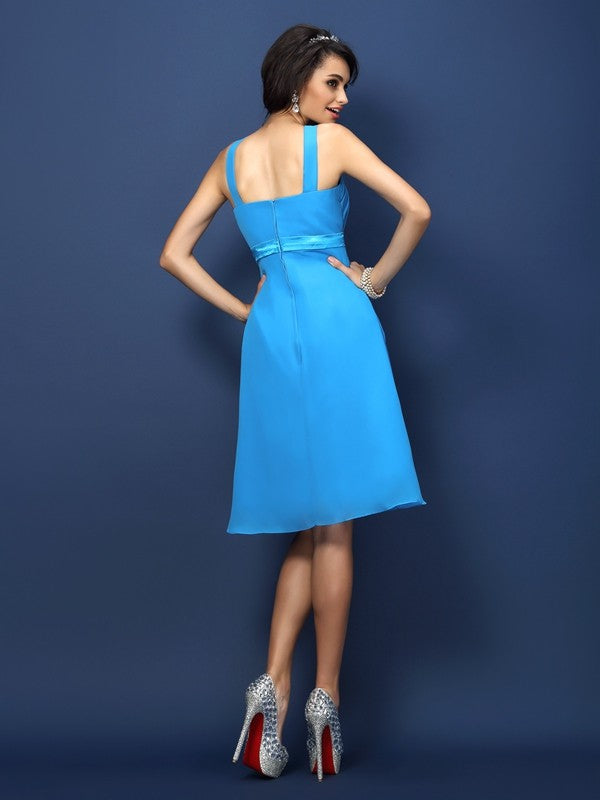A-Line/Princess Bateau Sash/Ribbon/Belt Sleeveless Short Chiffon Bridesmaid Dresses Wedding Guest Dress