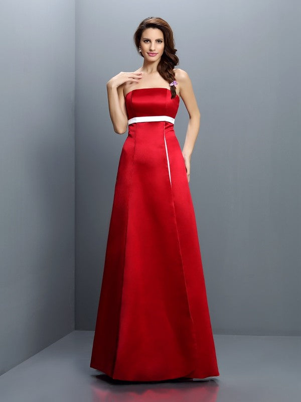 A-Line/Princess Strapless Sash/Ribbon/Belt Sleeveless Long Satin Bridesmaid Dresses Formal Evening Dress