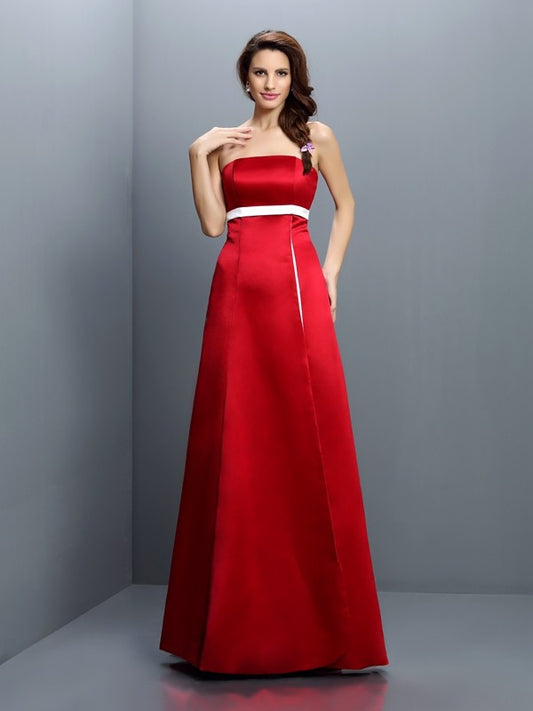 A-Line/Princess Strapless Sash/Ribbon/Belt Sleeveless Long Satin Bridesmaid Dresses Formal Evening Dress