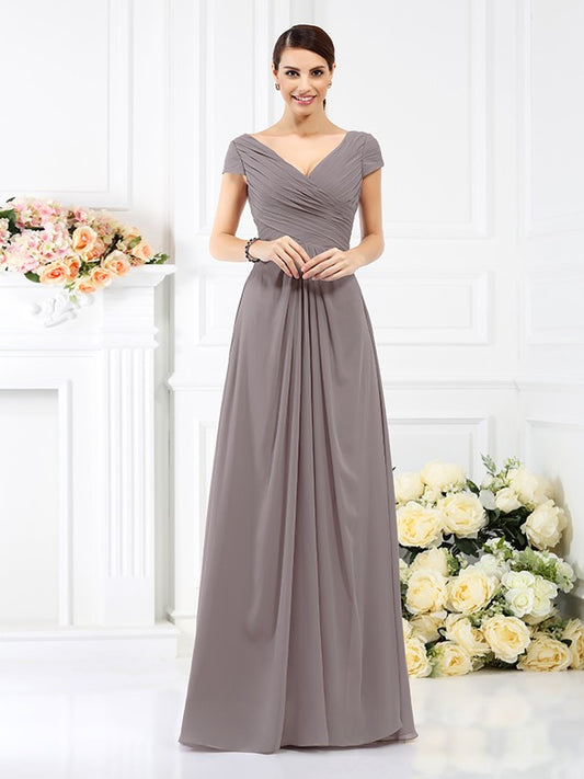 Vestido de dama de honor de gasa larga, corte A/princesa, escote en V, plisado, mangas cortas, para madre de la novia