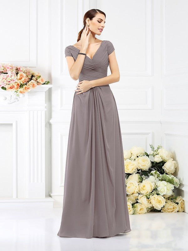 Vestido de dama de honor de gasa larga, corte A/princesa, escote en V, plisado, mangas cortas, para madre de la novia