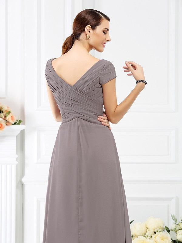 Vestido de dama de honor de gasa larga, corte A/princesa, escote en V, plisado, mangas cortas, para madre de la novia