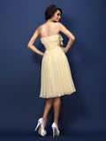 A-Line/Princess Strapless Hand-Made Flower Pleats Sleeveless Short Chiffon Bridesmaid Dresses Prom Party Dress