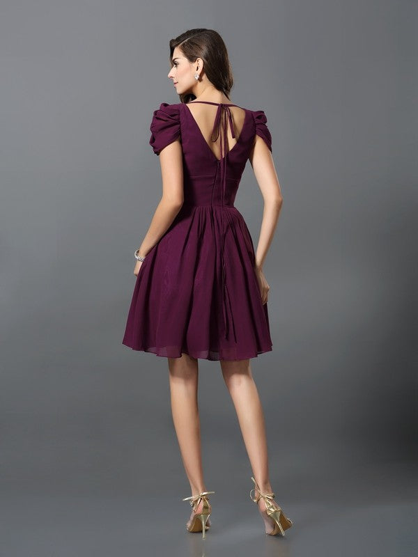 Vestido de dama de honor de gasa de manga corta, corte A/princesa, escote en V, flores hechas a mano, para regreso a casa