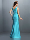 A-Line/Princess V-neck Pleats Sleeveless Long Satin Bridesmaid Dresses Formal Evening Dress