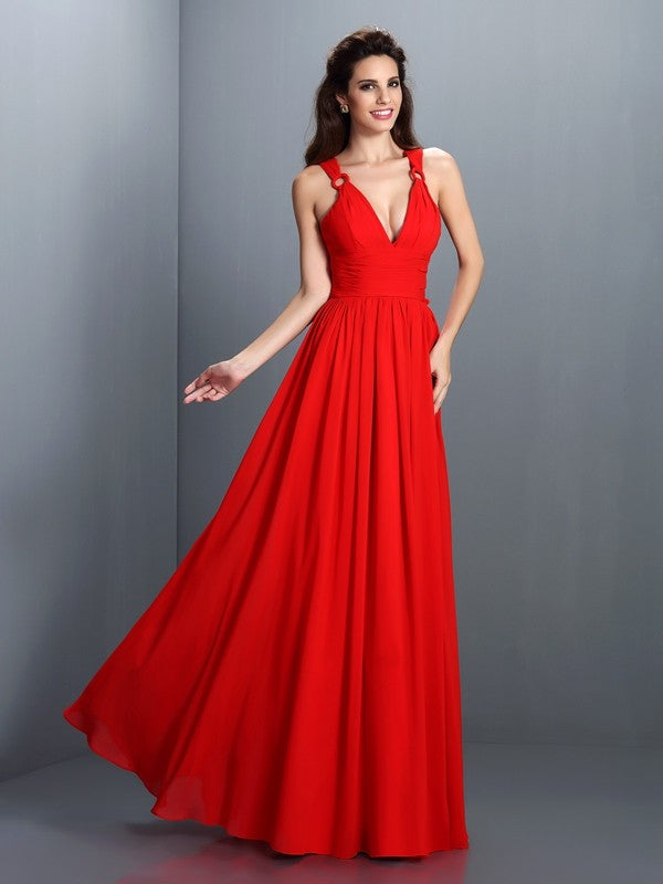 A-Line/Princess V-neck Pleats Sleeveless Long Chiffon Bridesmaid Dresses Evening Prom Dress