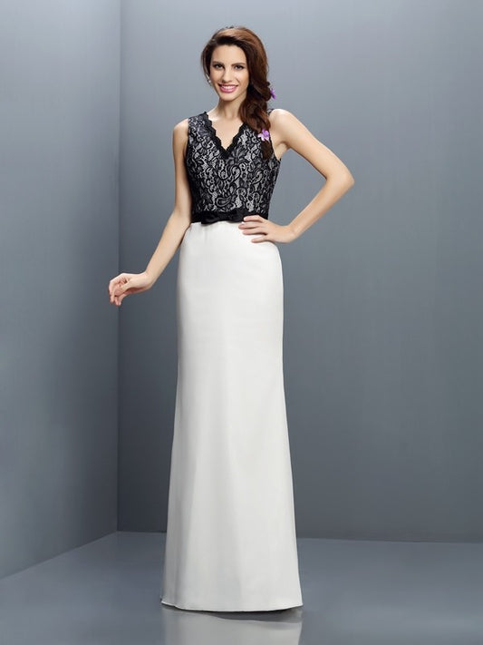 Sheath/Column V-neck Lace Sleeveless Long Chiffon Bridesmaid Dresses Evening Prom Dress