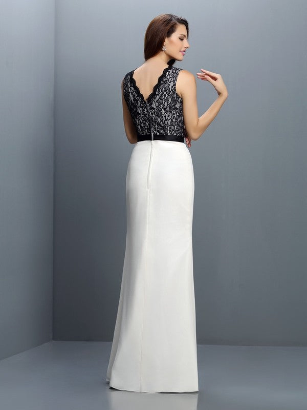 Sheath/Column V-neck Lace Sleeveless Long Chiffon Bridesmaid Dresses Evening Prom Dress