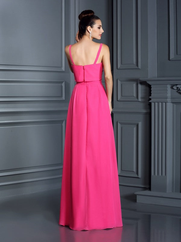 A-Line/Princess Spaghetti Straps Sleeveless Long Chiffon Bridesmaid Dresses Evening Prom Dress