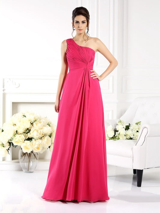 A-Line/Princess One-Shoulder Ruched Sleeveless Long Chiffon Bridesmaid Dresses Evening Prom Dress
