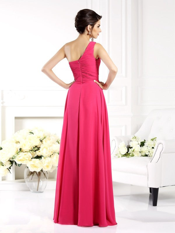 A-Line/Princess One-Shoulder Ruched Sleeveless Long Chiffon Bridesmaid Dresses Evening Prom Dress