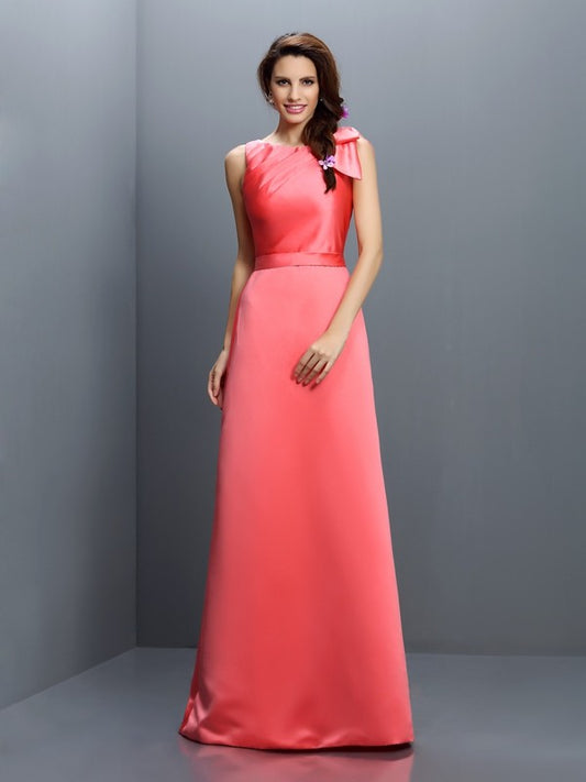 Sheath/Column Bateau Sleeveless Long Satin Bridesmaid Dresses Evening Prom Dress Gowns