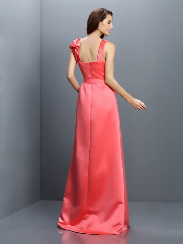 Sheath/Column Bateau Sleeveless Long Satin Bridesmaid Dresses Evening Prom Dress Gowns
