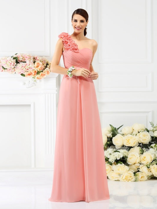 A-Line/Princess One-Shoulder Hand-Made Flower Sleeveless Long Chiffon Bridesmaid Dresses Evening Dress