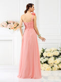 A-Line/Princess One-Shoulder Hand-Made Flower Sleeveless Long Chiffon Bridesmaid Dresses Evening Dress
