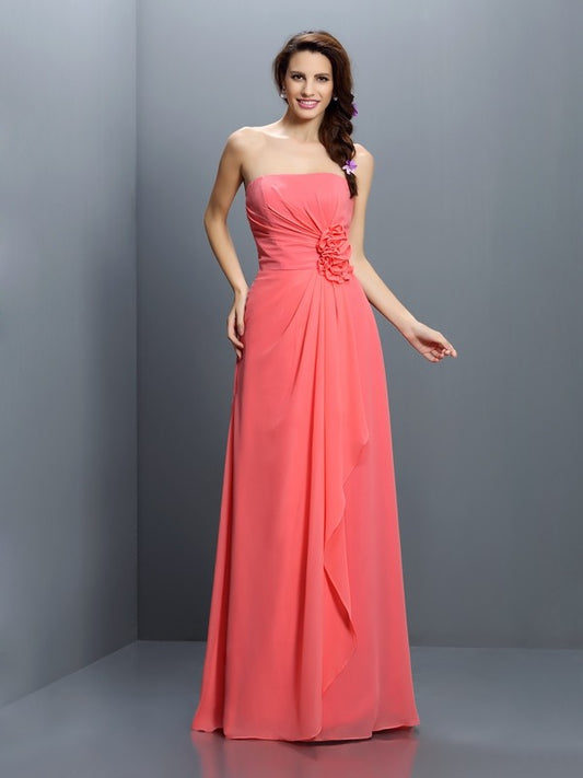 A-Line/Princess Strapless Hand-Made Flower Sleeveless Long Chiffon Bridesmaid Dresses Evening Prom Dress
