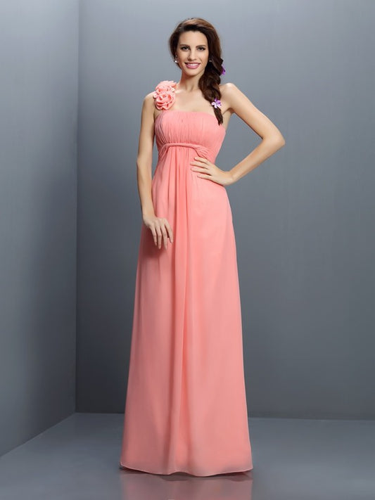 A-Line/Princess Strapless Hand-Made Flower Sleeveless Long Chiffon Bridesmaid Dresses Evening Prom Dress