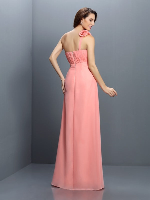 A-Line/Princess Strapless Hand-Made Flower Sleeveless Long Chiffon Bridesmaid Dresses Evening Prom Dress