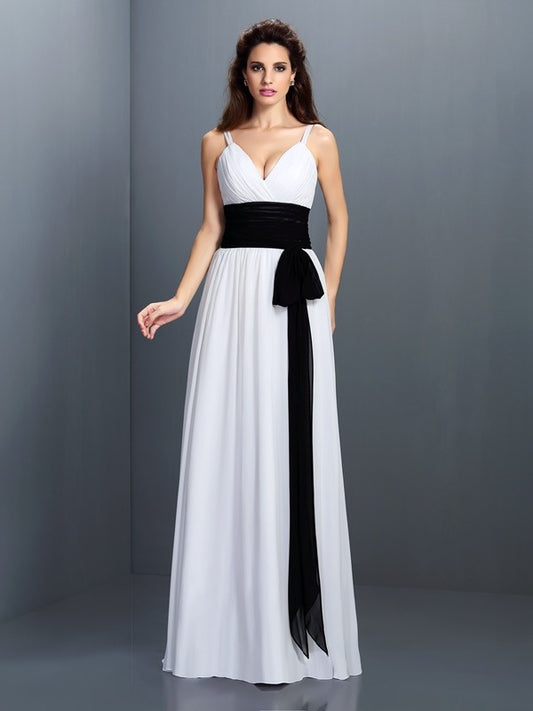 A-Line/Princess V-neck Sash/Ribbon/Belt Sleeveless Long Chiffon Bridesmaid Dresses Evening Prom Dress