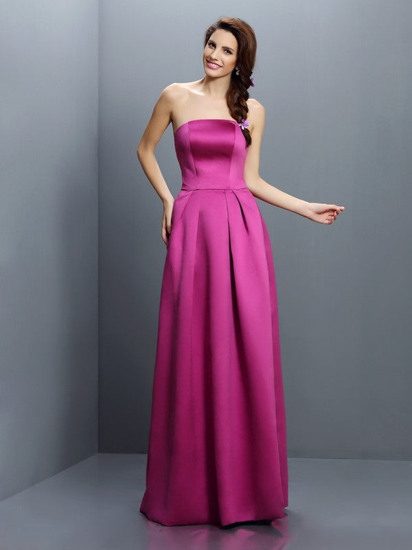 Sheath/Column Strapless Sleeveless Long Satin Bridesmaid Dresses Evening Prom Dress Gowns