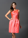 Vestido de dama de honor corto de satén sin mangas con corte en A/princesa y escote barco, vestido de cóctel