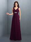 A-Line/Princess V-neck Beading Pleats Sleeveless Long Chiffon Bridesmaid Dresses Evening Prom Dress