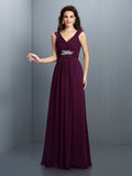 A-Line/Princess V-neck Beading Pleats Sleeveless Long Chiffon Bridesmaid Dresses Evening Prom Dress