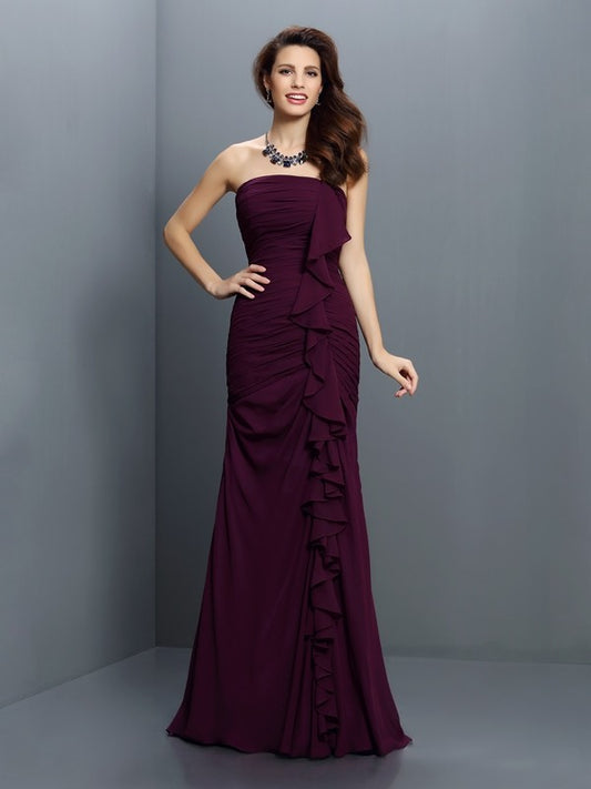 Trumpet/Mermaid Strapless Pleats Sleeveless Long Chiffon Bridesmaid Dresses Evening Prom Dress
