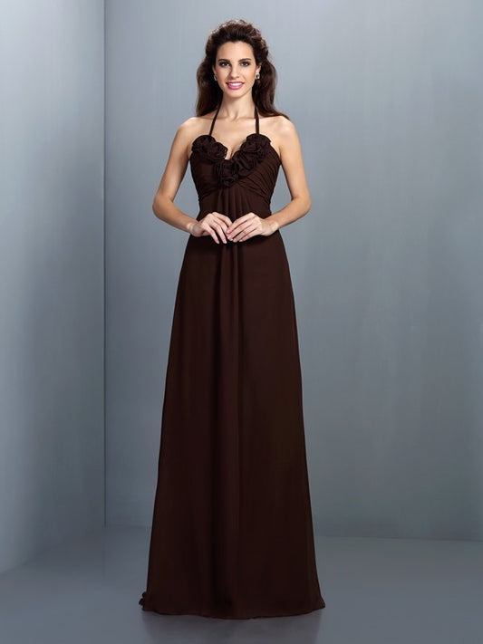 A-Line/Princess Halter Hand-Made Flower Sleeveless Long Chiffon Bridesmaid Dresses Formal Evening Dress