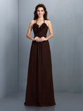A-Line/Princess Halter Hand-Made Flower Sleeveless Long Chiffon Bridesmaid Dresses Formal Evening Dress