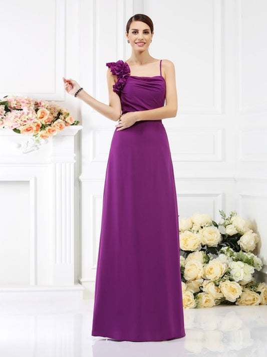 Sheath/Column Spaghetti Straps Hand-Made Flower Sleeveless Long Chiffon Bridesmaid Dresses Evening Prom Dress