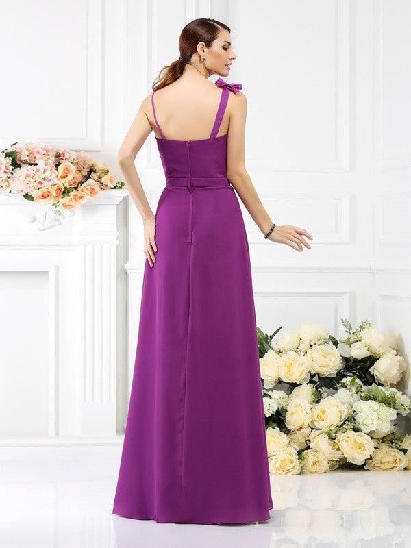 Sheath/Column Spaghetti Straps Hand-Made Flower Sleeveless Long Chiffon Bridesmaid Dresses Evening Prom Dress