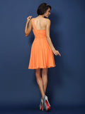 A-Linie/Princess-Linie Trägerlos Handgemachte Blume Ärmellos Kurz Chiffon Brautjungfernkleider Homecoming Ballkleid
