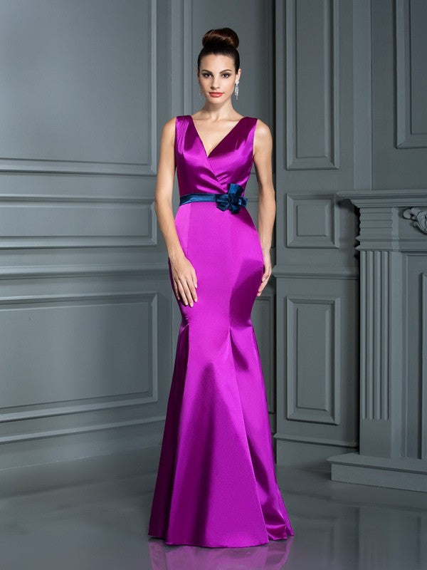 Trumpet/Mermaid V-neck Hand-Made Flower Sleeveless Long Silk like Satin Bridesmaid Dresses Evening Dress