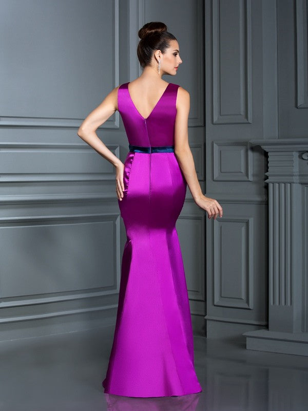 Trumpet/Mermaid V-neck Hand-Made Flower Sleeveless Long Silk like Satin Bridesmaid Dresses Evening Dress